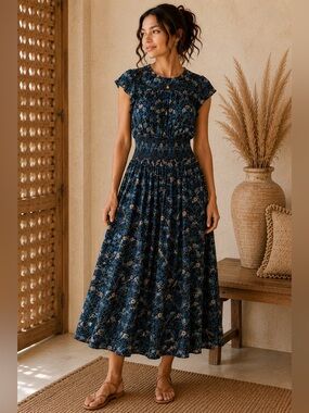 Nation LTD Navy Floral Midi Dress